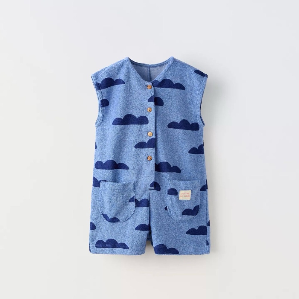 Zara Kids Terrycloth Blue Cloud Patterned Jumpsuit Size 3 Years